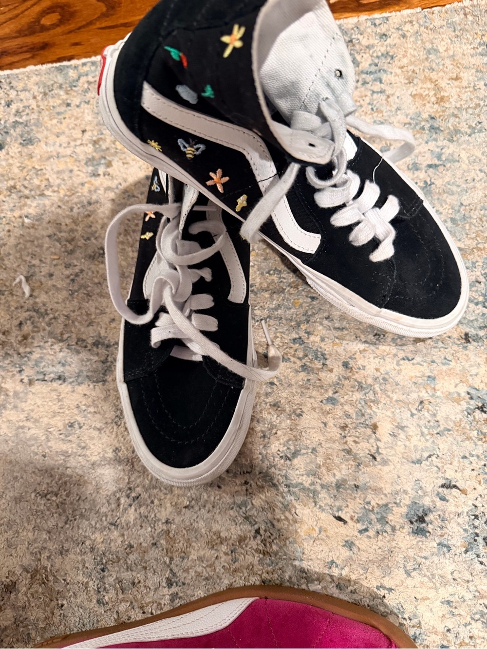 Vans Black High-Top Sneakers with White Stripe and Floral Embroidery